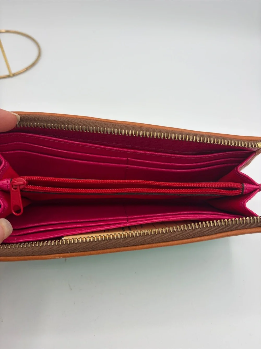Dooney & Bourke Turquoise Zip-Around Wallet with Tan Trim and Gold Logo